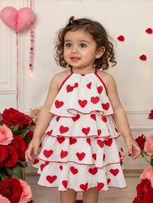 SHEIN 爱心荷叶边领连衣裙，春夏女婴/幼儿公主裙，白色荷叶边领连衣裙，红色爱心印花背带裙，可爱俏皮 - 白色 - 查看 2