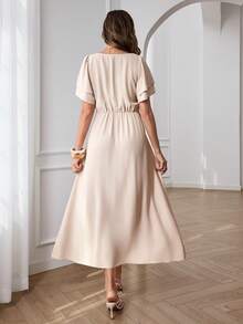 Miaspire Đầm nữ màu trơn cổ vuông vạt lệch thanh lịch tay ngắn, thích hợp cho kỳ nghỉ hè. - Màu be - Xem 3