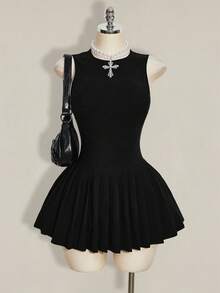 SHEIN ICON 女士夏季时尚纯色圆领褶裥下摆迷你连衣裙 - 黑色 - 查看 3