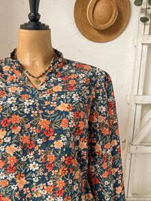 EMERY ROSE Plus Size Women Notched Neck Floral Print Casual Long Sleeve Dress - Multicolor - View 7