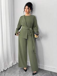 Elenzga 大码女式优雅通勤长袖不对称下摆系带衬衫和裤子两件套 - 軍綠色 - 查看 5