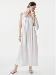 Aalyst Women's Solid Color Round Neck Beaded Pleated Casual Vacation Date Dress - White - View 7