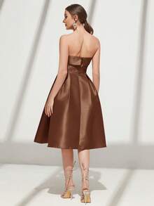 SHEIN Belle Đầm quây xếp ly màu trơn thanh lịch dành cho nữ, thích hợp cho mùa hè. - Cà phê nâu - Xem 2