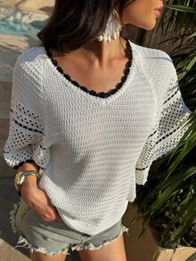Loose Knit Beach Cover-Up, Casual Batwing Sleeve Hollow Out Cover Up Top - Apricot - View 3