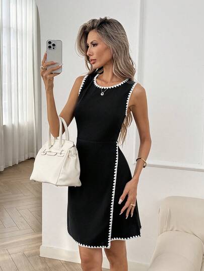 Easowa Crew Neck Contrast Trim Asymmetric Hem A-Line Sleeveless Casual Loose Elegant Commuter Vintage Style Vacation Women Short Dress, Spring/Summer