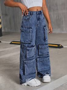 SHEIN Tween Girls' Y2K Trending Stonewashed Multi-Pocket Distressed Cargo Jeans Baggy Wide Leg Pants,Tween Girl Fall Clothes Back To School Outfits - Dark Wash - View 3