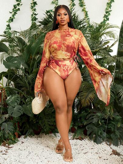 Slaydiva 新款夏季海滩度假抽象橙色印花大码显瘦泳装套装：喇叭袖透视上衣+三角杯泳衣上装+三角杯泳裤，优雅大码泳装，度假必备。