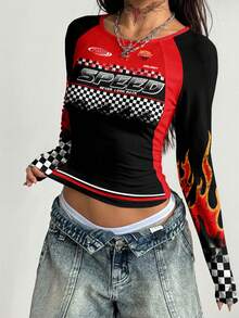 Coolane Áo thun nữ phong cách thể thao thường ngày, họa tiết bàn cờ, ngọn lửa, chữ cái, phối màu, thích hợp cho mùa thu/đông, đầu xuân, các lễ hội âm nhạc. - Nhiều màu - Xem 2