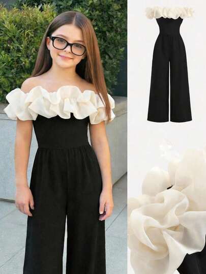 Firerie Kids 少女休闲优雅露肩网纱连体裤，撞色黑色