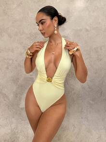 Shapewave Women's Backless Halter One-Piece Swimsuit With Sarong Skirt, Suitable For Beach Vacation - Light Yellow - View 3