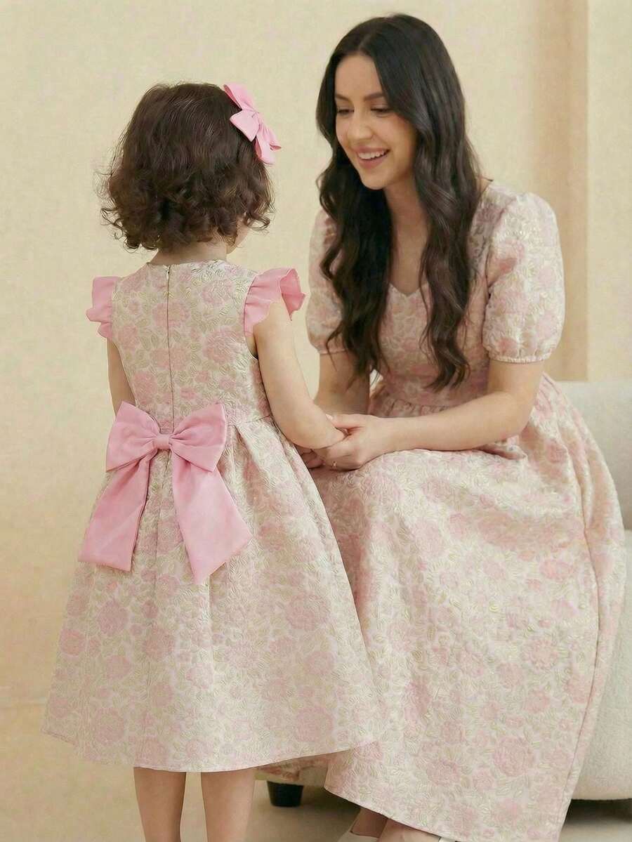 Glamorique Kids 女童（小号）春夏休闲时尚公主连衣裙，提花面料，花卉图案，收腰设计，无袖带荷叶袖，后背蝴蝶结设计，优雅公主风连衣裙，适合春夏穿着，年轻女孩，高端、优雅、淑女风，适合日常外出、度假、派对、节日等场合。 - 粉色 - 查看 1