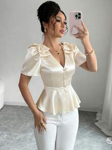 Elenzga New Women's V-Neck Bow Design Front Opening Apricot Twill Fabric Elegant Refined Young Versatile Slimming Office Lady Shirt - Apricot - View 5