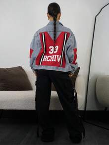 SAYEHFBABY 女士休闲时尚街头字母图案拼接拉链口袋落肩宽松牛仔夹克，春秋 - 藍色 - 查看 2