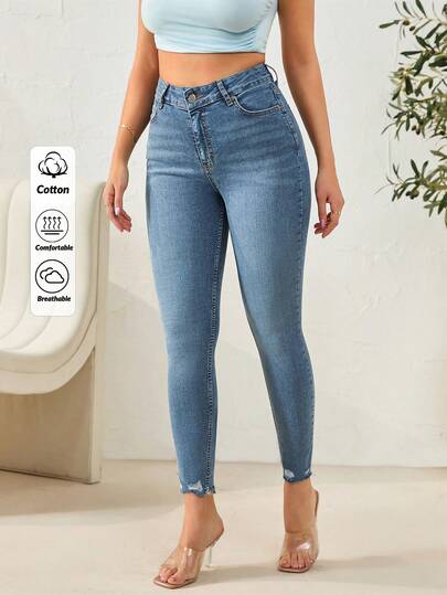 SHEIN Women's High Waist Pocket Distressed Skinny Casual Versatile Jeans Comfortable Jeans Jeans High Waist Tummy Control Jeans