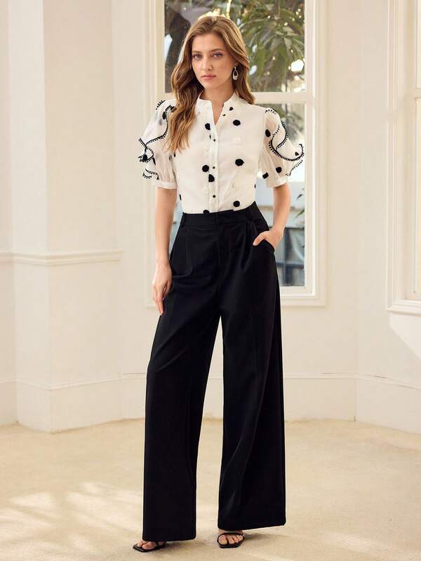 MOTF PREMIUM MESH WHITE BLACK SWISS DOT PUFF SLEEVE CONTRAST BINDING RUFFLE TRIM SHIRT