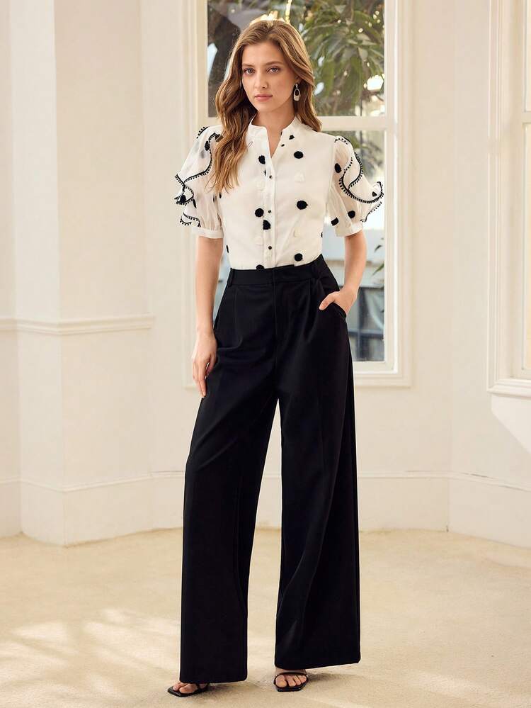 MESH WHITE BLACK SWISS DOT PUFF SLEEVE CONTRAST BINDING RUFFLE TRIM SHIRT