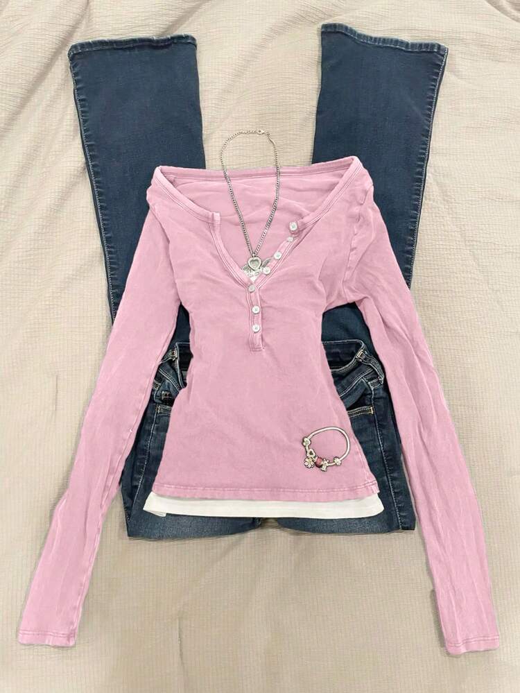 INAWLY 1pc Women Slim Fit Long Sleeve 2 In 1 T-Shirt - Pink - View 1