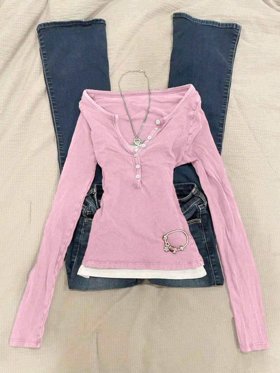 Glimmora 1pc Women Slim Fit Long Sleeve 2 In 1 T-Shirt - Pink - View 1