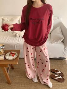 DAZY 2件套女士印花宽松长袖T恤和直筒裤睡衣套装，秋季款 - 酒紅色 - 查看 1