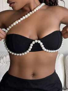 Hauture 珍珠串飾帶背心交叉上衣 - 黑色 - 查看 3