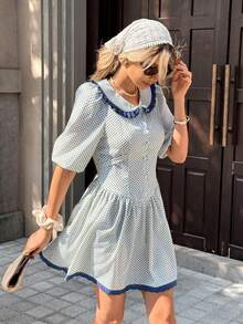 SHEIN PariChic 复古波点彼得潘领连衣裙，泡泡袖半袖，收腰A字廓形，撞色蕾丝边饰，甜美青春短款连衣裙 - 彩色 - 查看 6