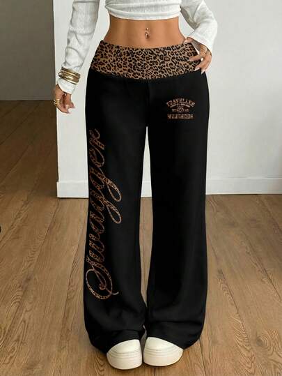 Coolane Pantalones gráficos con cintura ancha y cómoda para mujer, con estampado de leopardo, contraste de color y texto en cursiva inglesa, de estilo vintage, punk y Y2K, versátiles para fiestas y aeropuertos, para primavera/verano