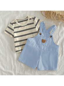 Loomiva Newborn Baby Boy/Girl Cartoon Bear Pattern Knit Soft Crew Neck Long Sleeve Raglan Pullover Top And Bib Pants 2-Piece Set - Dusty Blue - View 4