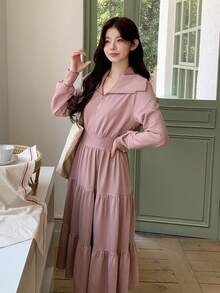 DAZY Plain Collared Half Zip-Up Mid-Length Dress For Women,Ruffle Shirt Dress,Fall Clothes Long Sleeve Dress - Pink - View 5