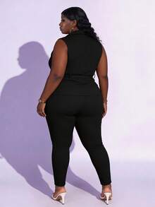 CurvyTilda 大碼素色斜口袋長褲 - 黑色 - 查看 2