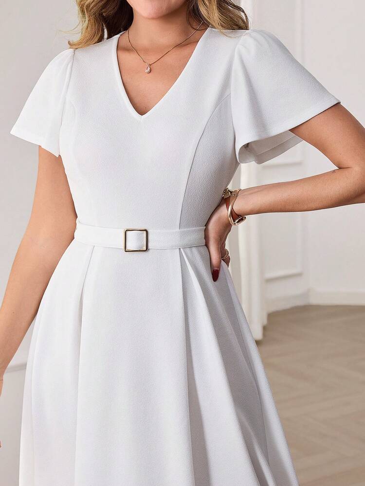 Elegant White Midi Dress For Women – V-Neck Flutter Sleeve Belted A-Line Dress, Perfect For Summer & Spring, Ideal For Wedding Guest, Party, Graduation, Formal Office, Going Out,,Work Outfits For Women,Graduation Outfit For Mother, Ruffle Dress,Summer Outfits For Women