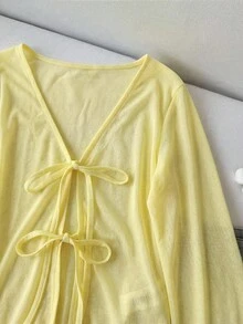 SHEIN LUNE 休闲女式透视系带黄色上衣，适合夏季假期、春季女士度假、夏季海滩外出穿着，半透明长袖V领上衣，常规下摆打结细节 - 黃色 - 查看 3