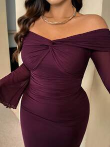 Auralis Plus Size Elegant Commuter Solid Color Off Shoulder Twist Flare Sleeve Fitted Dress Sexy Elegant Dress Wedding Dress For Women - Burgundy - View 2