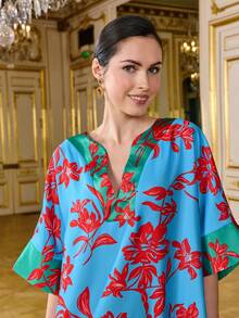 LOTSLUV فستان نسائي أنيق بتصميم كتل اللون والزهور بياقة على شكل حرف V وأكمام قصيرة فضفاض بحافة غير متماثلة طول الركبة باللون الأزرق والأخضر والأحمر - البحيرة الزرقاء - مشاهدة 5