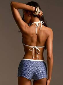 Athîral Women's Plaid Fashionable 2 Pieces Swimsuit - Blue and White - View 2