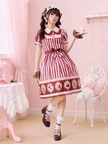 ROMWE Kawaii Đầm midi phối ren, họa tiết sọc, cổ ve áo, họa tiết món tráng miệng sô cô la dễ thương dành cho nữ. - Nhiều màu - Xem 6