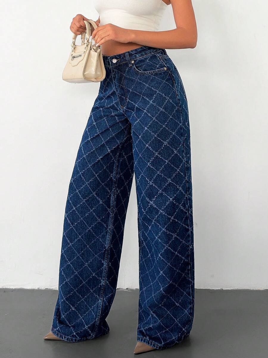EURMUSE 100% Cotton Women's Plaid Pattern Slant Pocket Wide Legs Casual Jeans - Medium Wash - View 1