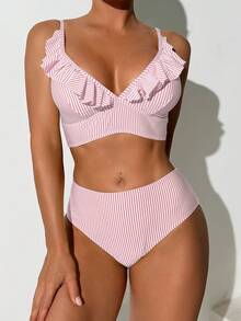 SHEIN Swim 条纹印花荷叶边吊带泳衣 - 粉色 - 查看 4