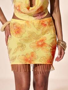 SHEIN BAE 女士时尚珍珠刺绣流苏低腰迷你裙，适合音乐节、海滩度假、朋友聚会、休闲外出等场合，优雅珍珠点缀迷你裙 - 黃色 - 查看 9