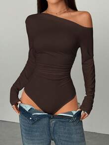 SHEIN Unity Black Oblique Shoulder Ruched Waist Fitted Long Sleeve Casual Bodysuit For Women, Autumn - Brown - View 4