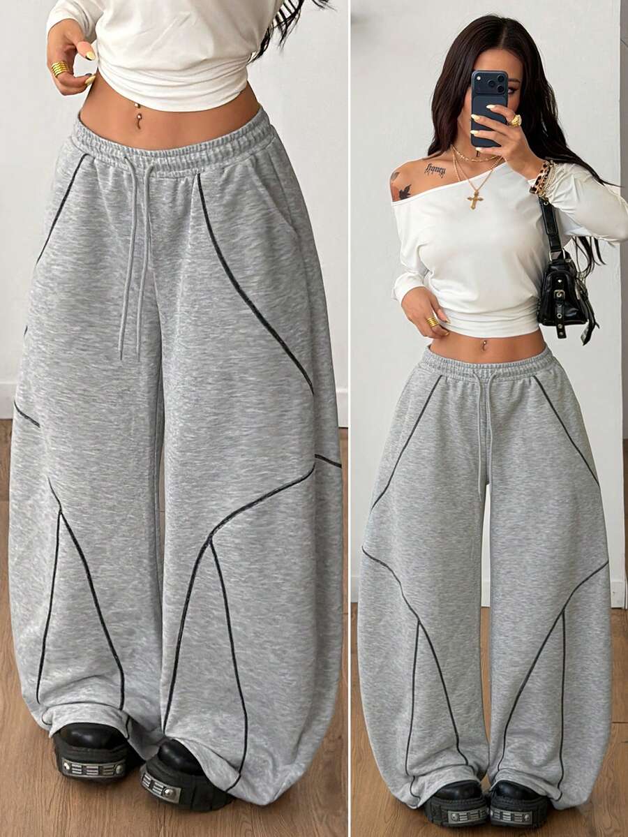 Coolane Women's Spring/Summer Streetwear Basic Daily Wear Casual Homecoming Sportswear Contrast Piping Baggy Low Rise Banana Pants - Grey - View 1