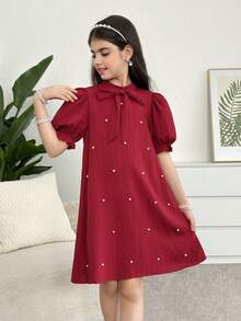 Firerie Kids Tween Girls' Casual Everyday Commute Wine Red Beaded Pearl Collar Dress - Burgundy - View 3