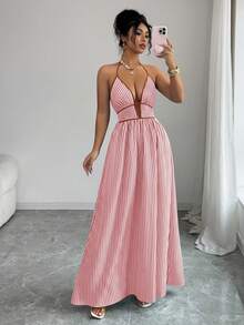 Elenzga Đầm yếm cổ chữ V sâu gợi cảm dành cho nữ - Hồng - Xem 4