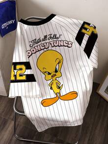 LOONEY TUNES X SHEIN Men's Casual Fashion Street Daily Commute Cartoon Letter Number Striped Print V-Neck Short Sleeve T-Shirt, Summer - White - View 2