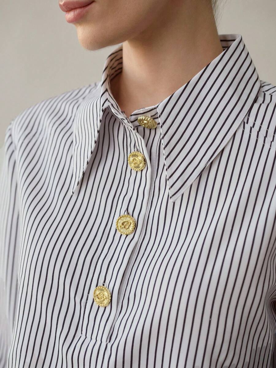 MOTF PREMIUM 条纹印花半扣衬衫 - 黑與白 - 查看 1