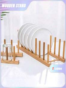 SHEIN 1pc Wooden Dish Storage Rack Daily Leisure Home Storage - log color - View 3