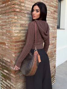 Maca Silvats 女式复古休闲街头风格卡其色纽扣拉链连帽开衫，秋冬 - 咖啡棕 - 查看 2