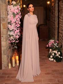 Glamrae Elegant Pearl Chiffon Draped Collar Splice Long Sleeve Dress, Extra Long Cascading Shoulder Flounce, 3D Floral Shoulder, Oversized A-Line Skirt, Suitable For Weddings, All Formal Occasions, Bridesmaid Dress - Dusty Pink - View 4