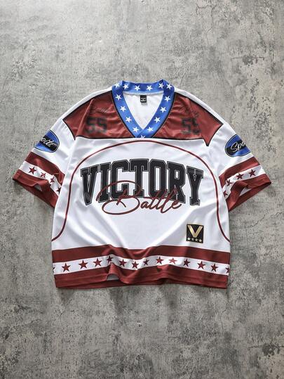 GALLERY FADE Men's Large Print Number "55" Print V-Neck Short Sleeve Loose Cut-Out Style T-Shirt