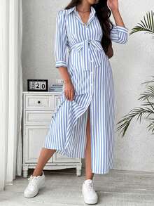 SHEIN Vestido camisero de manga larga con estampado de rayas para embarazadas - Celeste - Ver 4