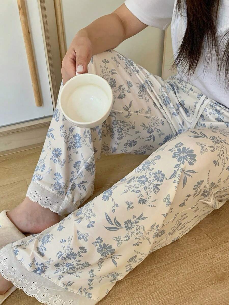 Dazy Plus Quần pajama dài nữ cỡ lớn họa tiết hoa nhí, cạp chun, thích hợp cho mùa xuân/hè. - Màu xanh lam - Xem 1